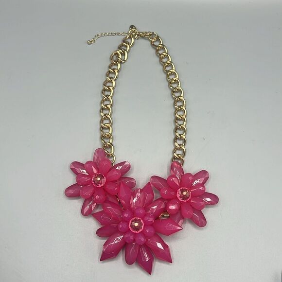 Charming Charlie Pink Flowers Gold-Tone Chain Statement Necklace - Picture 3 of 6